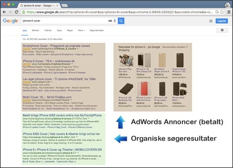 Google søgeresultat med annoncer og organiske resultater